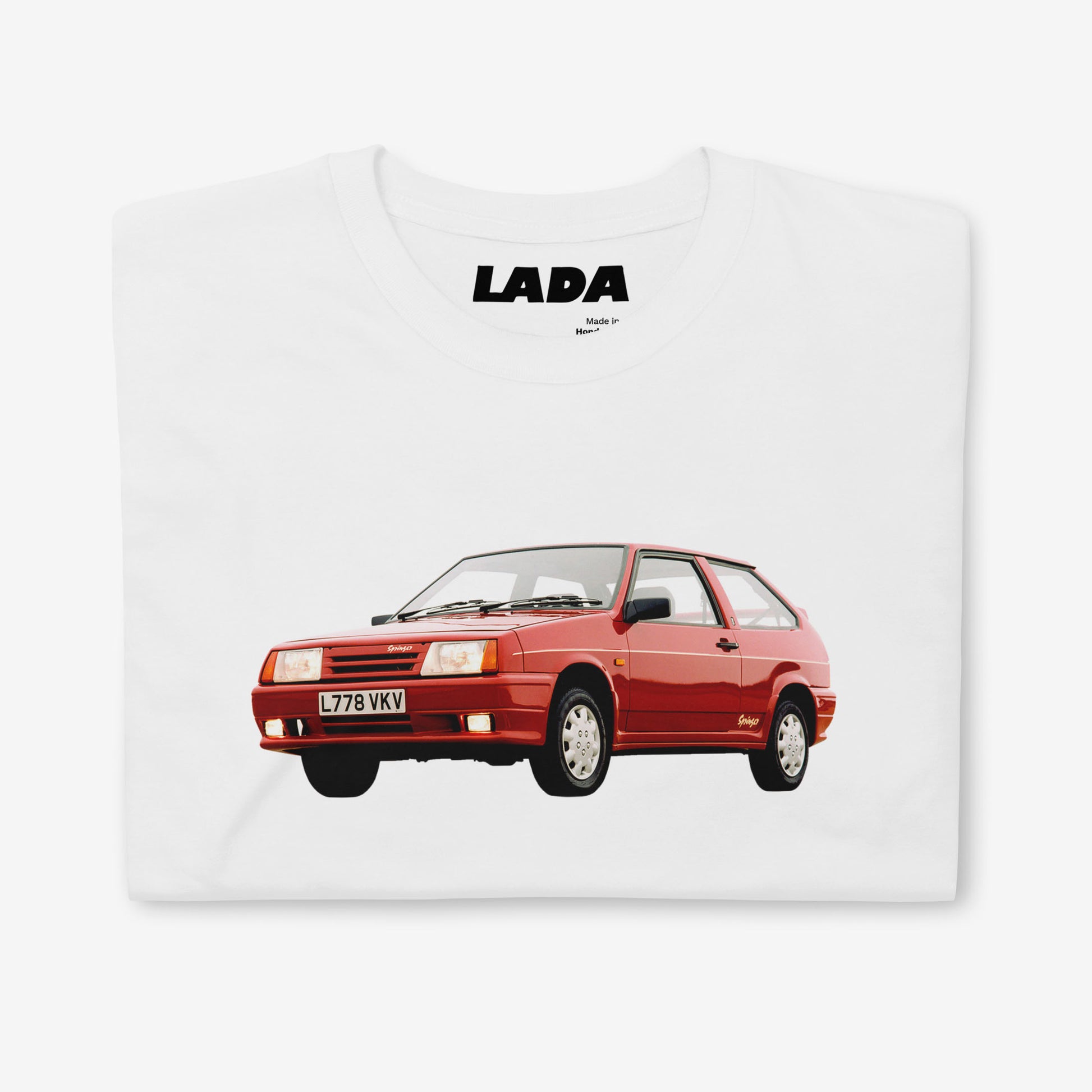 Premium white unisex T-shirt with legendary Soviet red Lada 2108 (VAZ-2108)