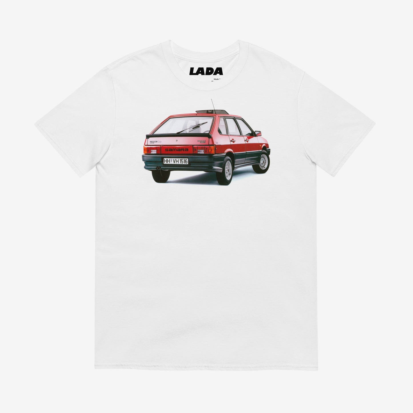 Premium T-shirt featuring a cherry-red Lada Samara (VAZ-2109) in a bold Soviet design.
