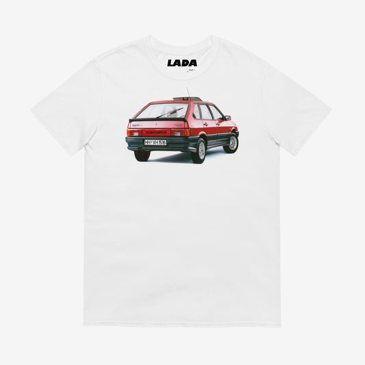 Premium T-shirt featuring a cherry-red Lada Samara (VAZ-2109) in a bold Soviet design.