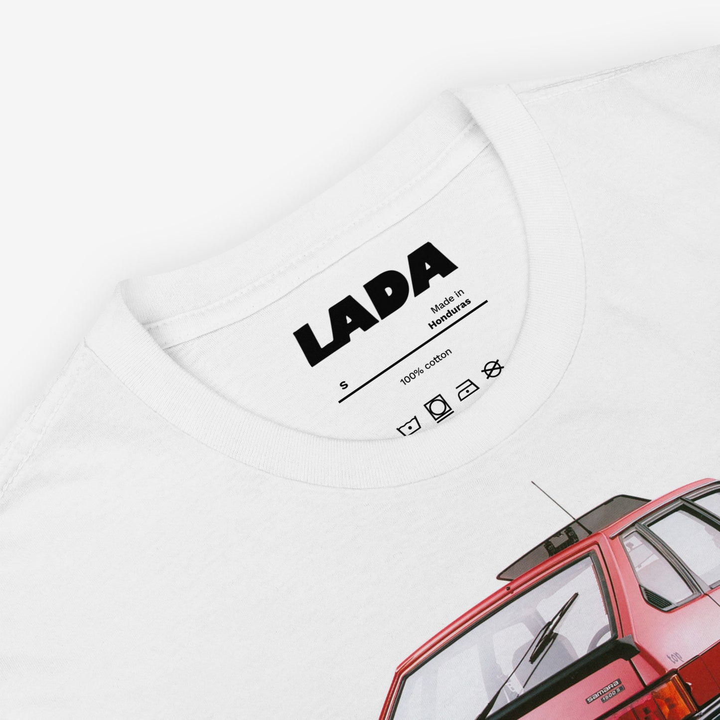 LADA logo neck label inside a premium Lada Samara T-shirt