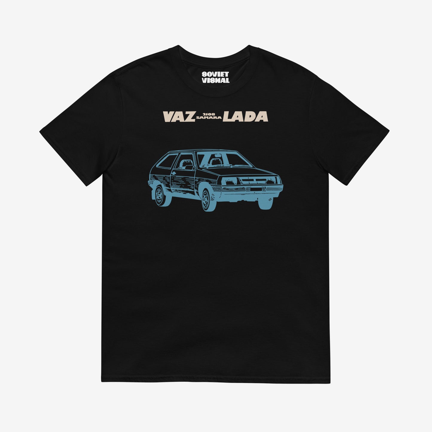 Minimalist unisex black T-shirt featuring a stylish Soviet Lada Samara VAZ 2108 car illustration