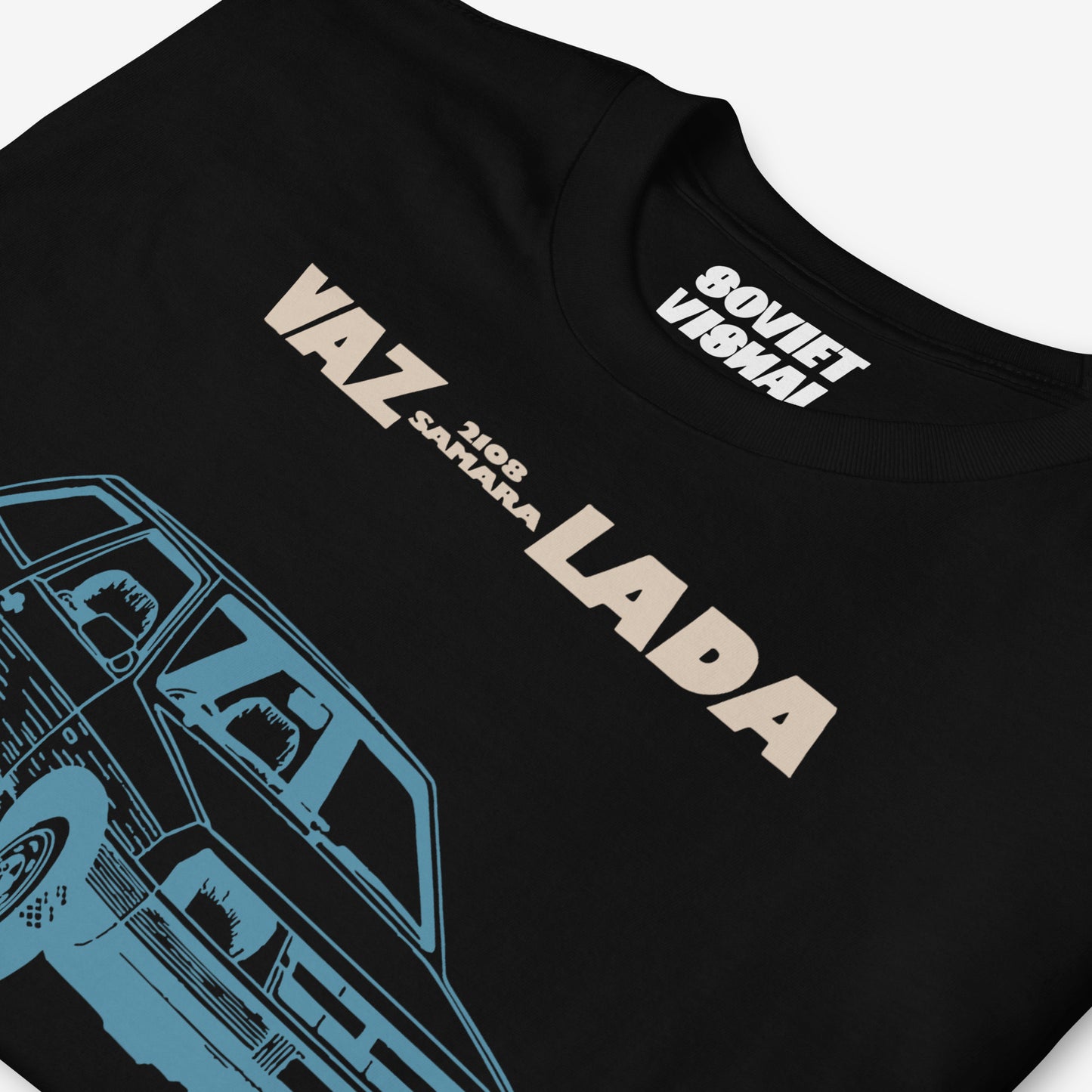 Minimalist unisex black T-shirt featuring a stylish Soviet Lada Samara VAZ 2108 car illustration - branded inside lable