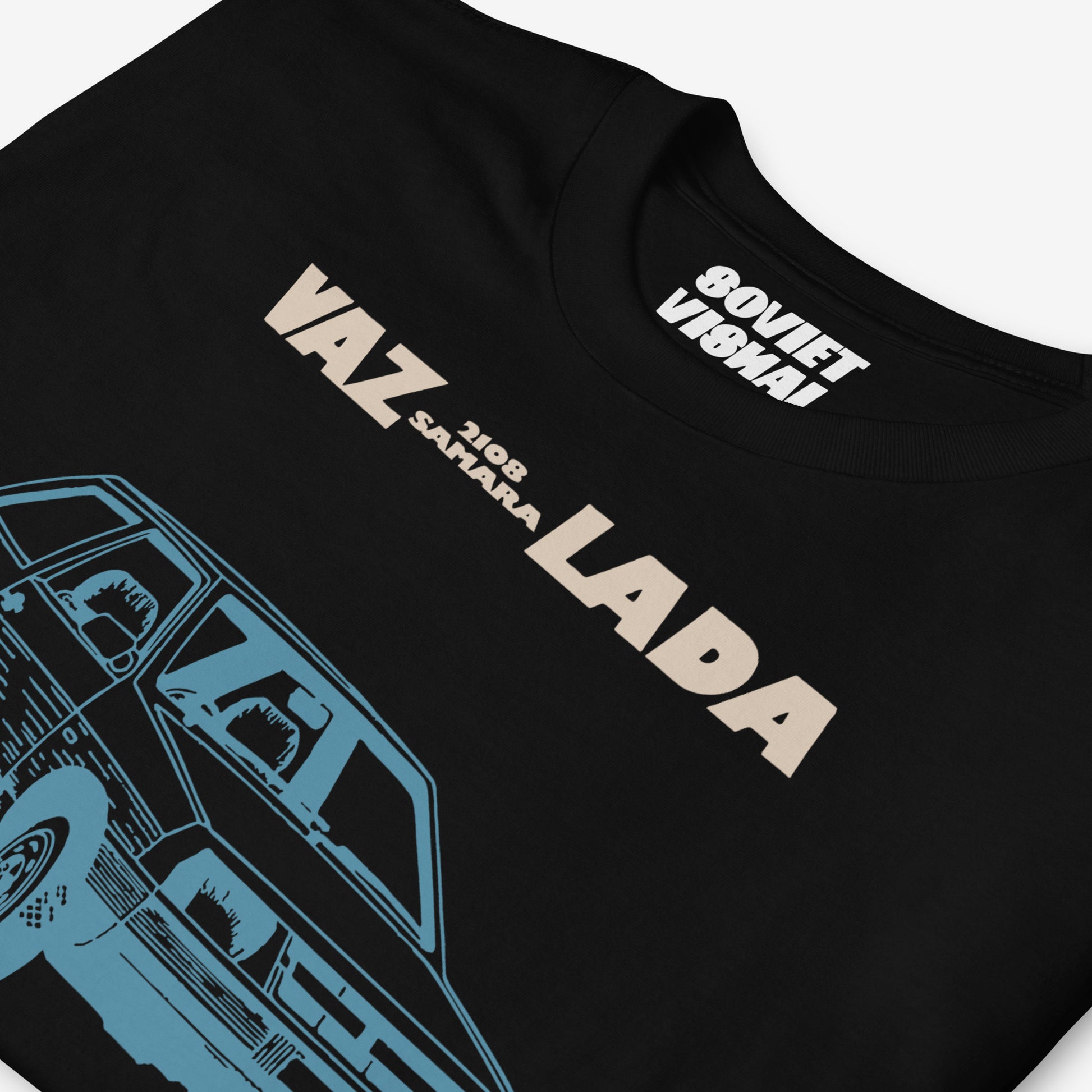 Minimalist unisex black T-shirt featuring a stylish Soviet Lada Samara VAZ 2108 car illustration - branded inside lable