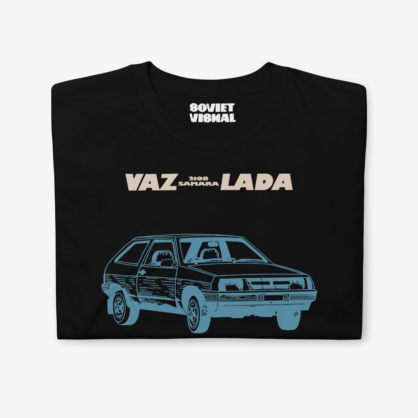 Minimalist unisex black T-shirt featuring a stylish Soviet Lada Samara VAZ 2108 car illustration 