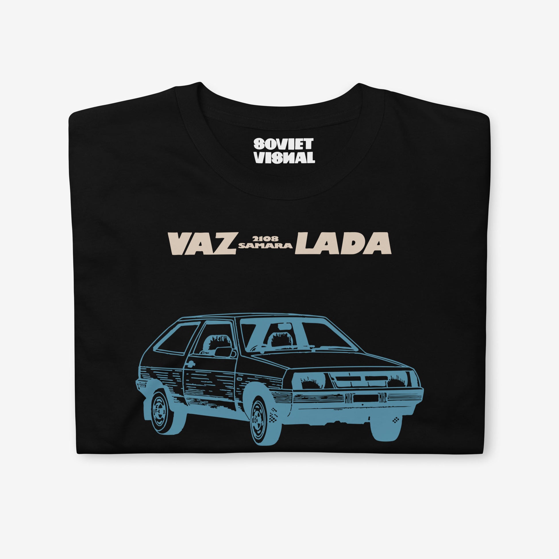 Minimalist unisex black T-shirt featuring a stylish Soviet Lada Samara VAZ 2108 car illustration 