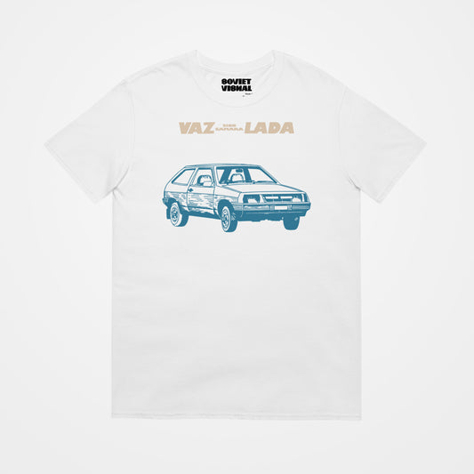 Minimalist T-shirt featuring a stylish Soviet Lada Samara VAZ 2108 car illustration