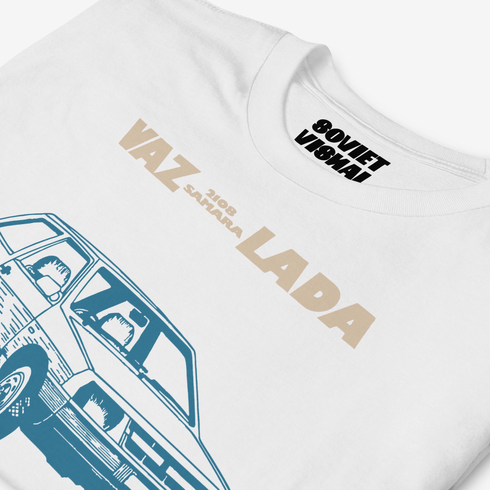 Minimalist T-shirt featuring a stylish Soviet Lada Samara VAZ 2108 car illustration - closeup photo