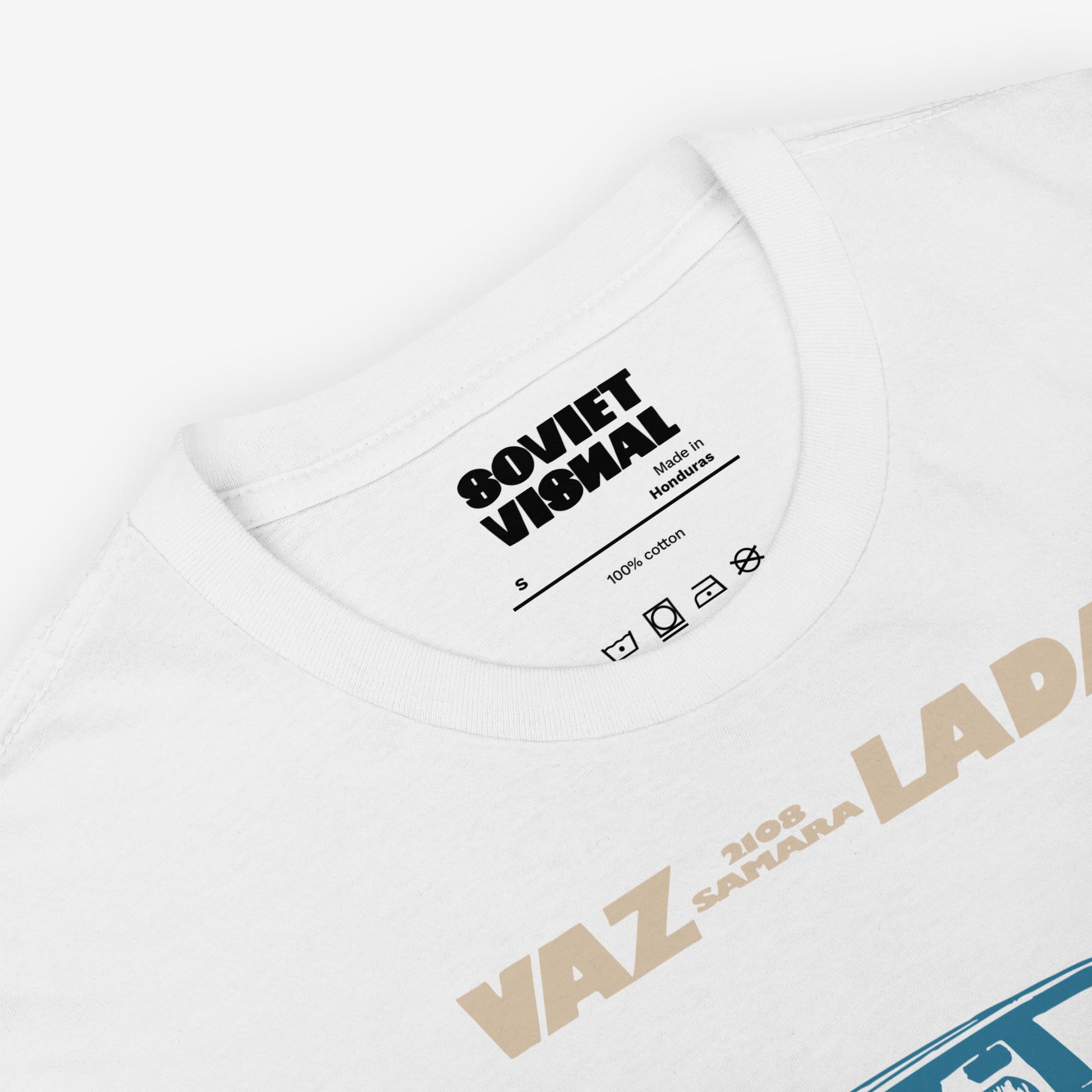 Minimalist T-shirt featuring a stylish Soviet Lada Samara VAZ 2108 car illustration - branded inside lable