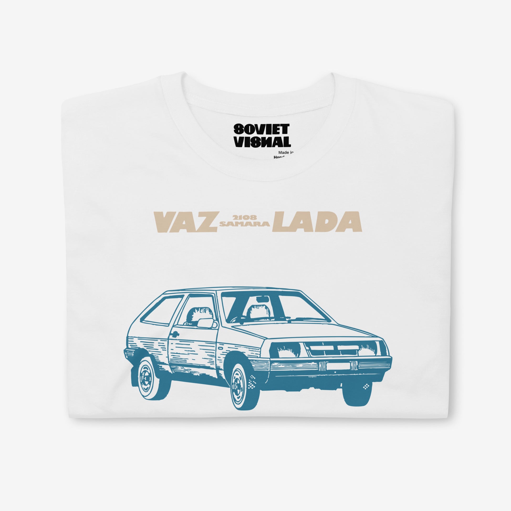 Minimalist T-shirt featuring a stylish Soviet Lada Samara VAZ 2108 car illustration