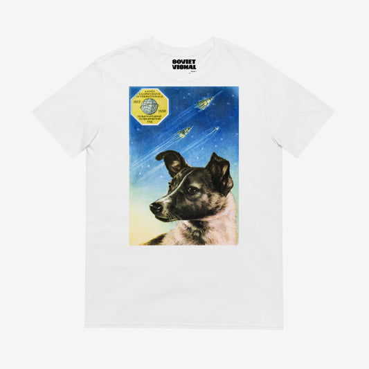 Premium unisex white T-shirt with an authentic Soviet design of Laika poster, the first space dog