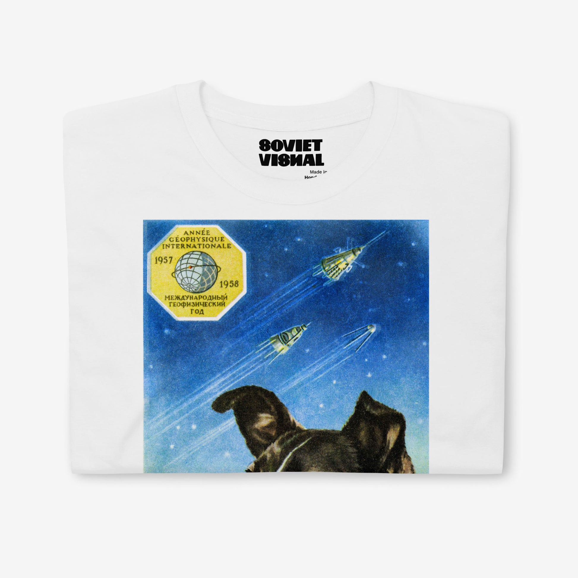 Premium unisex white T-shirt with an authentic Soviet design of Laika poster, the first space dog
