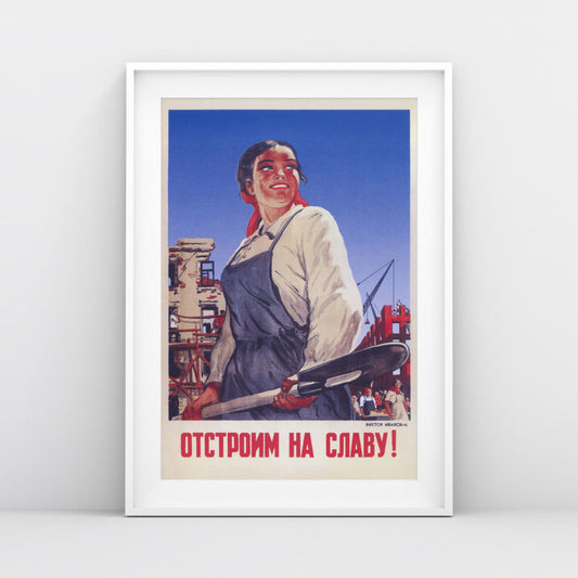 Front view of the large Soviet poster, shot in a minimalist setting with natural lighting