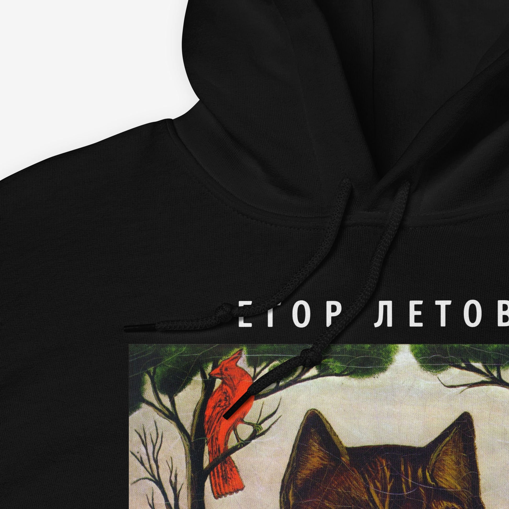 Egor Letov unisex hoodie - Grazhdanskaya Oborona "Vershki I Koreshki" (Вершки и корешки) Album Art with Cat. Closeup photo.