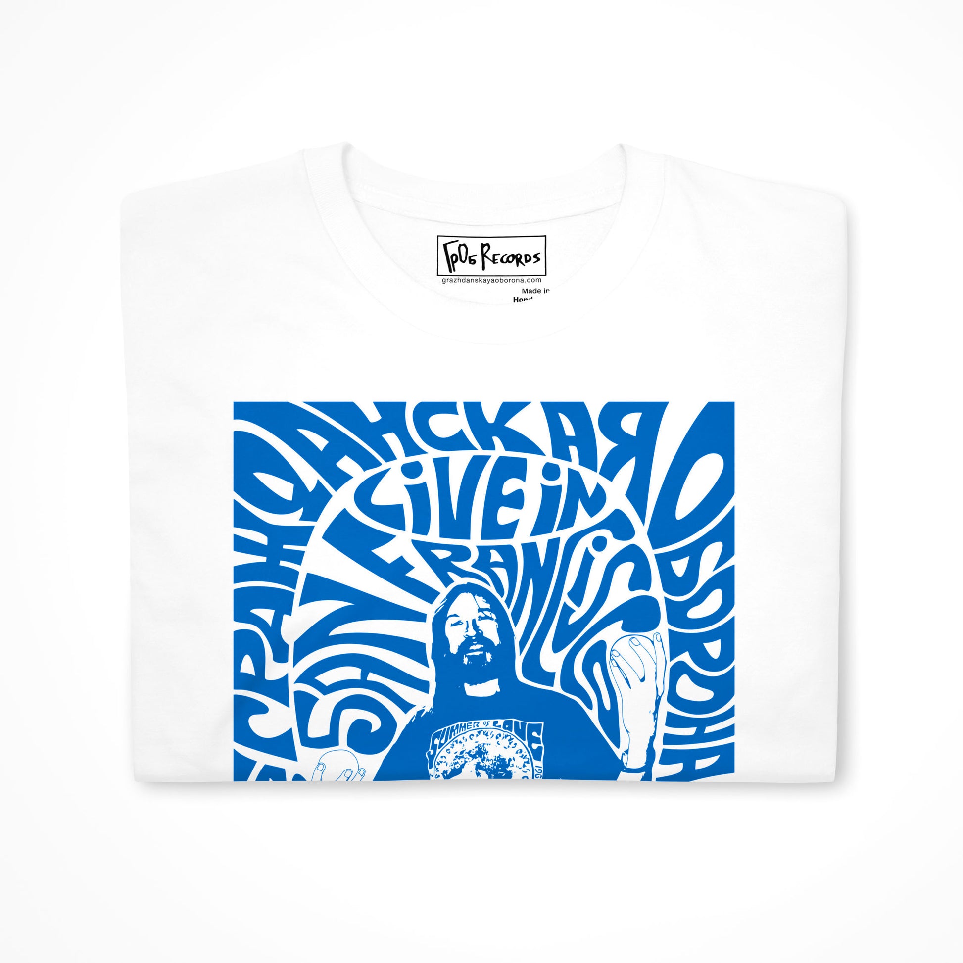 Egor Letov Grazhdanskaya Oborona, Live In San Francisco artwork, unisex white folded Tee - closeup photo where  GrOb Records logo and www.grazhdanskayaoborona.com site are seen on the inside lable