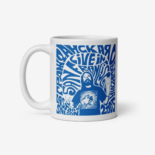 White mug featuring Grazhdanskaya Oborona's "Live in San Francisco" album cover with Egor Letov on the front and GrOb Records logo on the back.