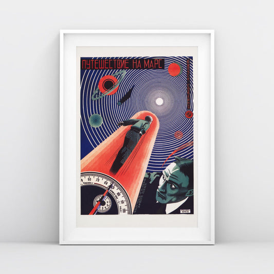 Front view of the large Soviet poster showcasing the rockets, astronauts, and Mars, shot in a minimalist setting with natural lighting