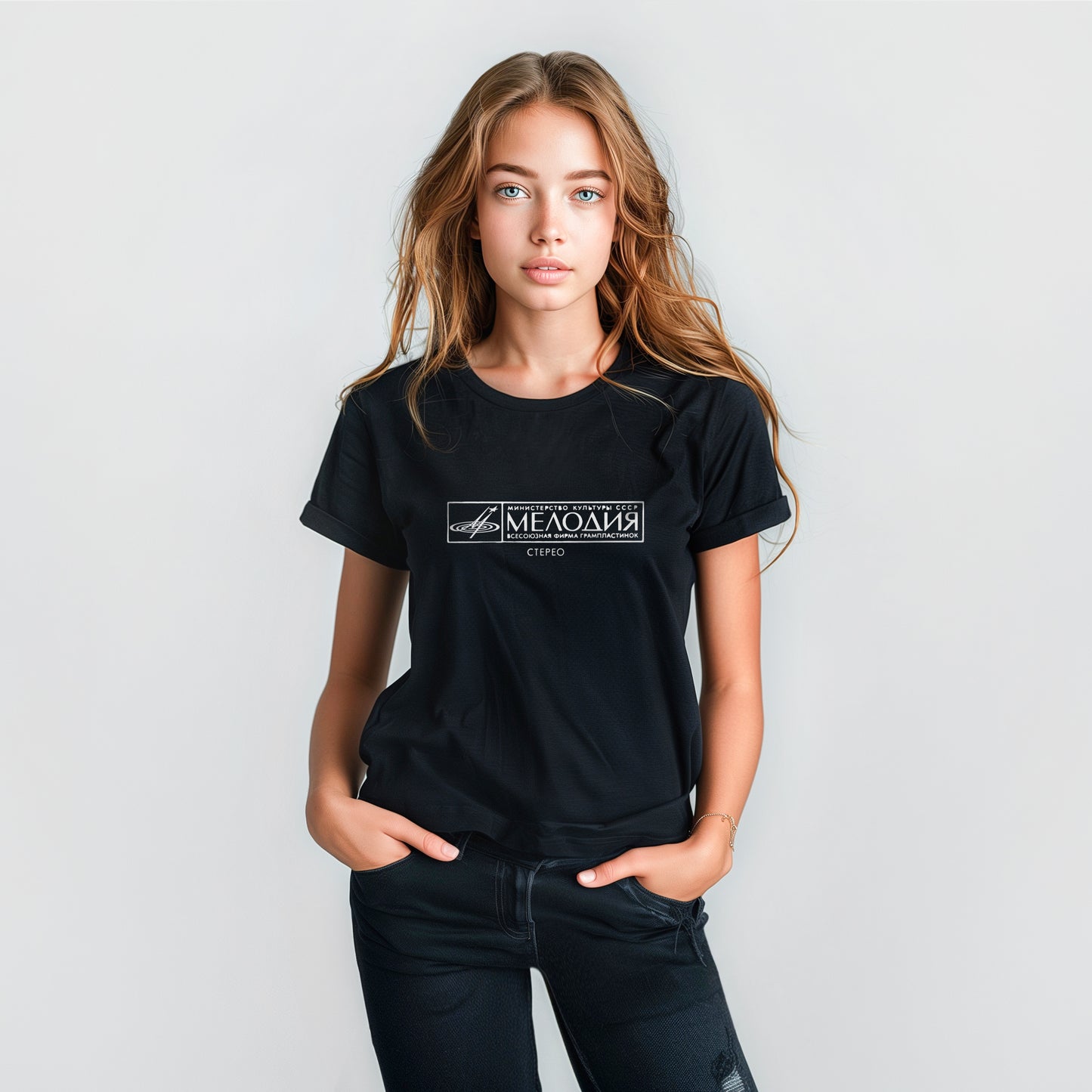 Cute young girl wearing Soviet MELODIA black unisex t-shirt