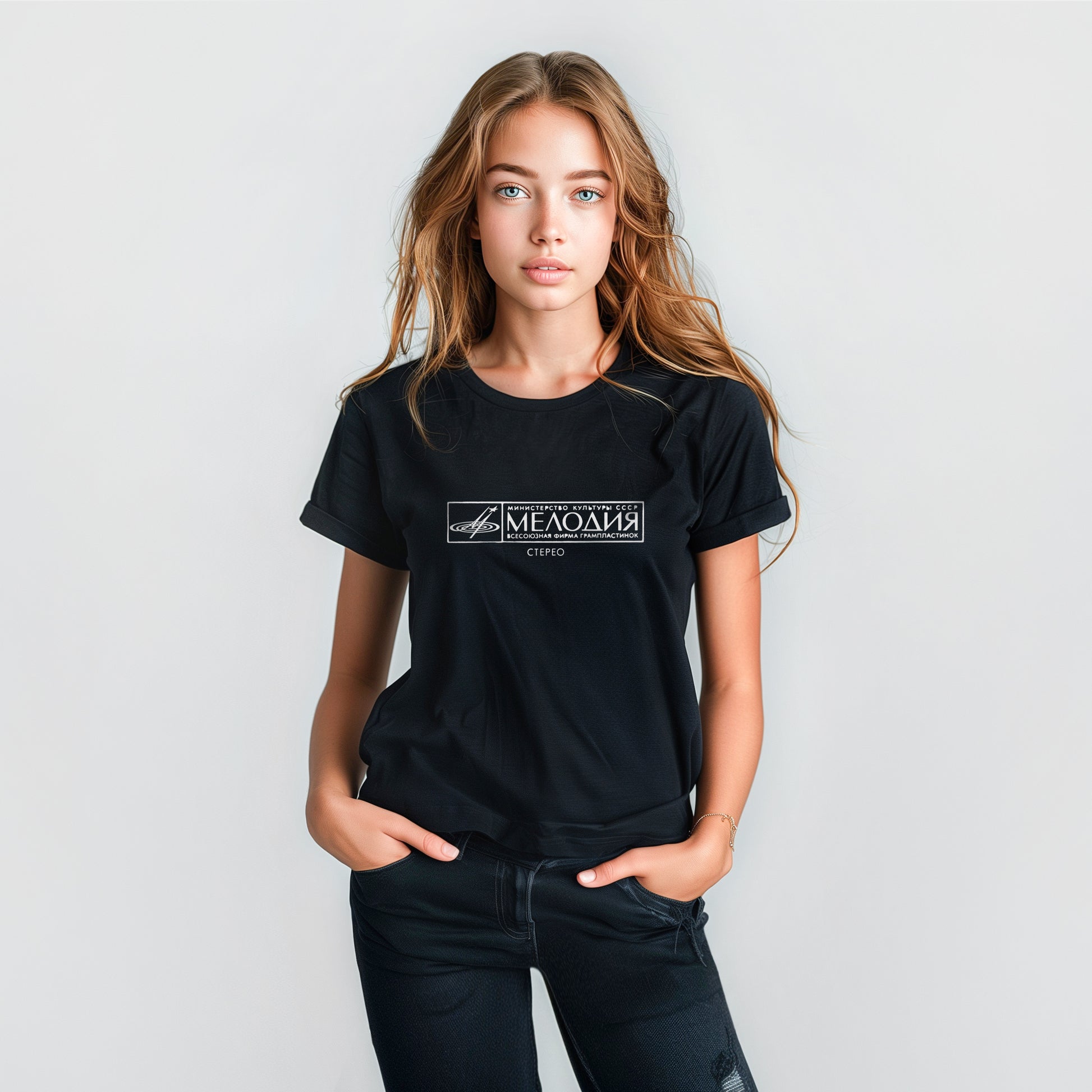 Cute young girl wearing Soviet MELODIA black unisex t-shirt