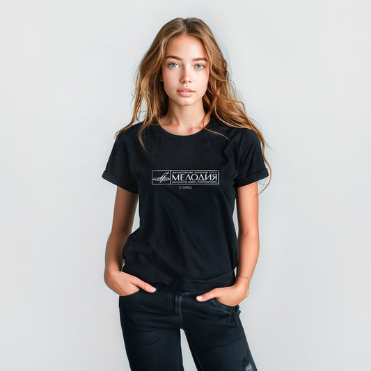 Cute young girl wearing Soviet MELODIA black unisex t-shirt
