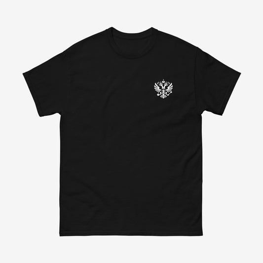 Black unisex T-shirt with the official minimalist version of coat of arms of the Russian Federation, with double-headed eagle emblem positioned over the left chest and small emblem and RUSSIA written on the back neck side