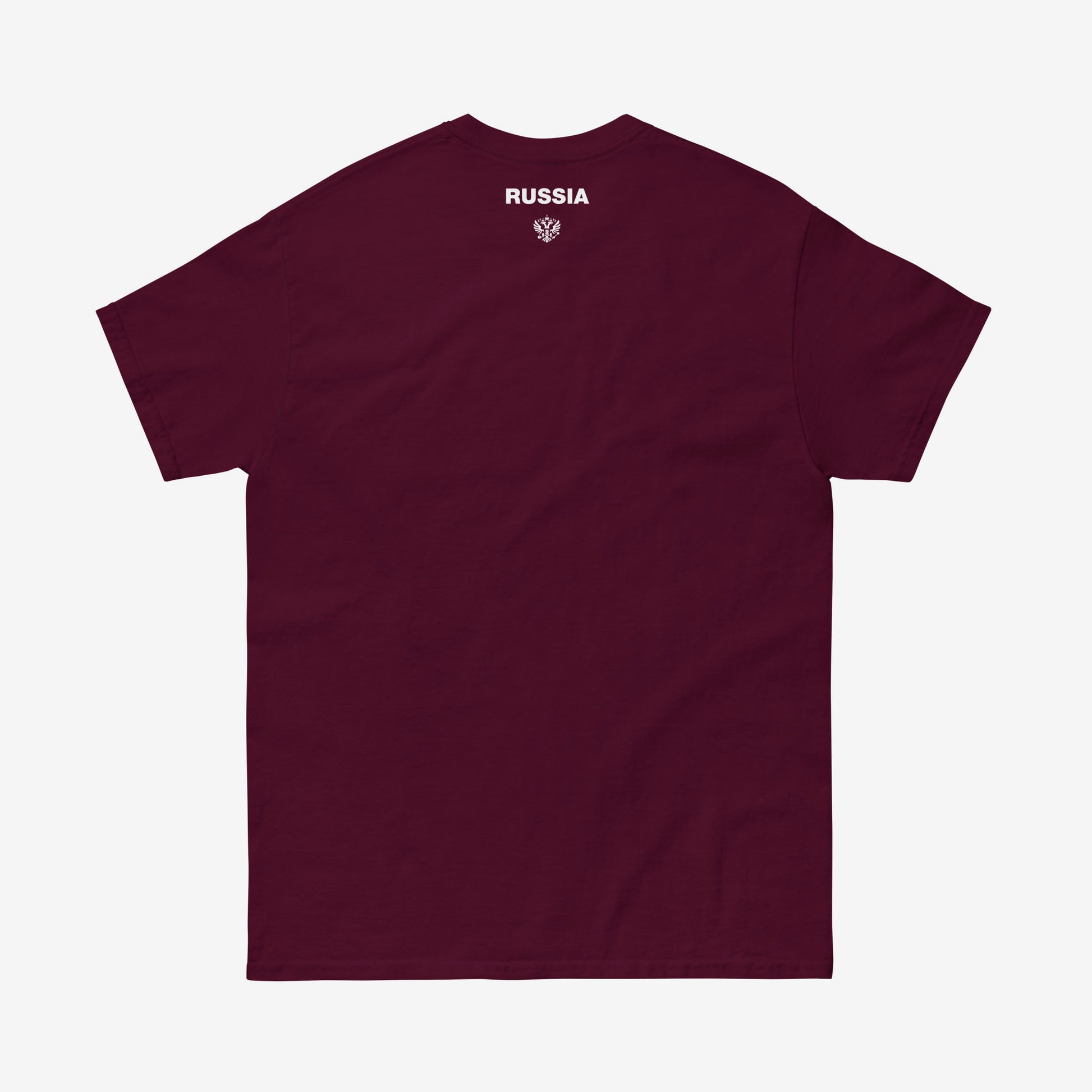 Maroon red unisex T-shirt with the official minimalist version of coat of arms of the Russian Federation, with double-headed eagle emblem positioned over the left chest and small emblem and RUSSIA written on the back neck side