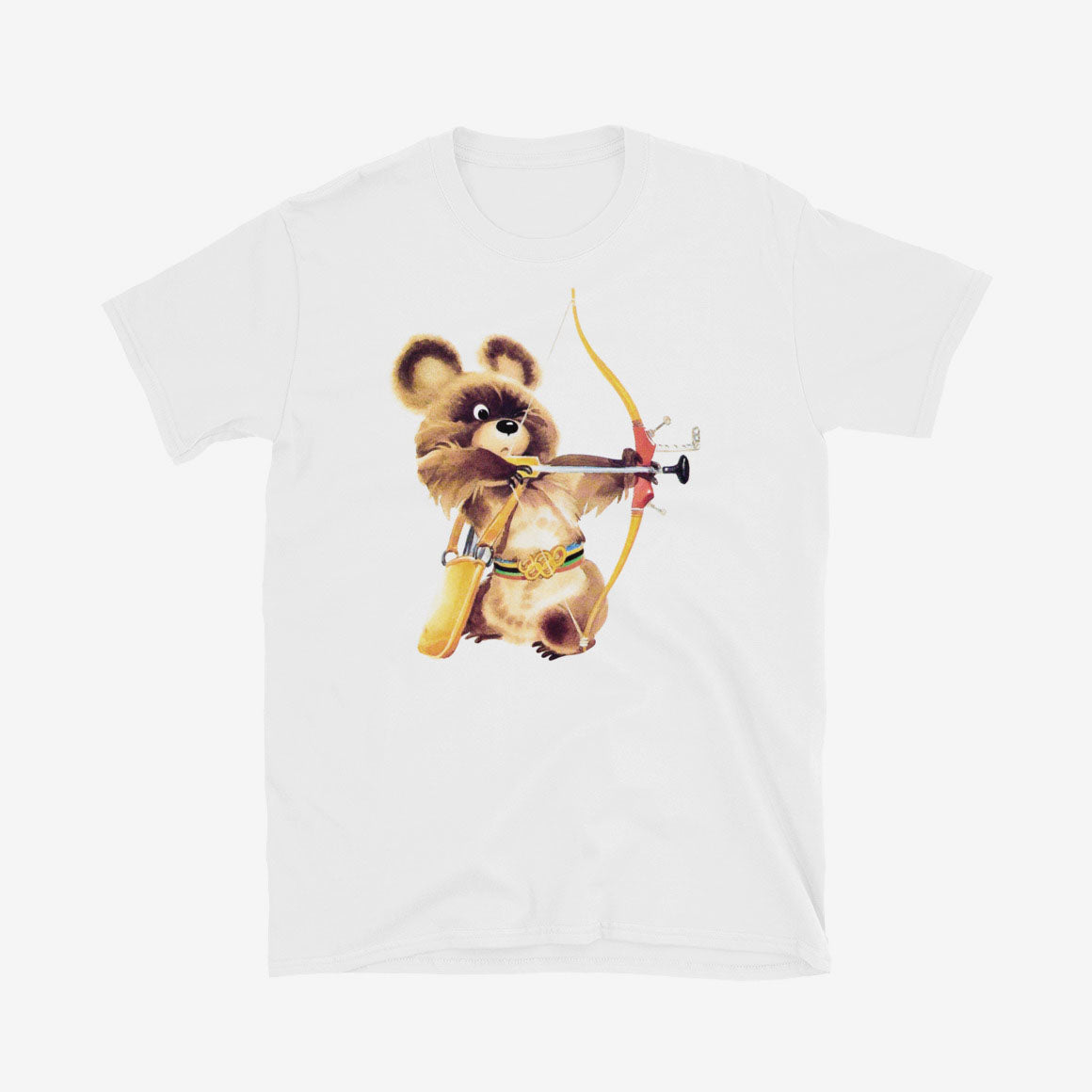 Bear Misha Olympic archery T-shirt, Moscow 1980 mascot front and back print tee