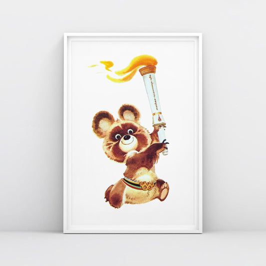 Rare 1980 Moscow Olympics poster featuring Misha the Olympic Bear holding the Olympic torch, symbolizing Soviet sportsmanship and Olympic history.