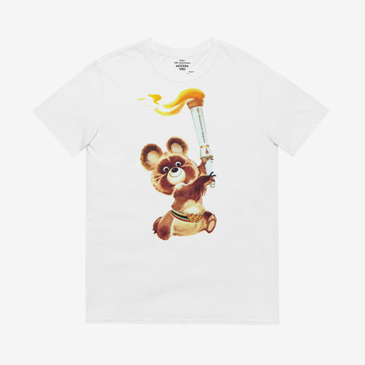 Misha the Olympic Bear T-shirt featuring the iconic 1980 Moscow Olympics design with the Olympic torch, celebrating Soviet sports history.