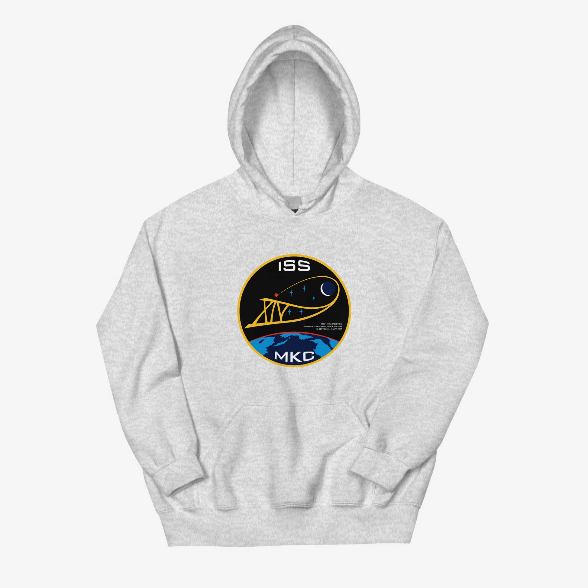 Unisex hoodie featuring ISS Expedition 14 (2006–2007) patch and МКС logo, inspired by Russian space missions
