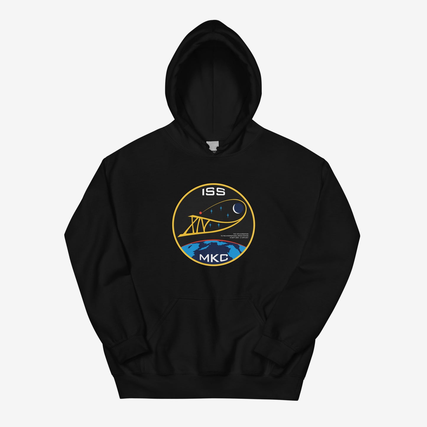 Unisex hoodie featuring ISS Expedition 14 (2006–2007) patch and МКС logo, inspired by Russian space missions