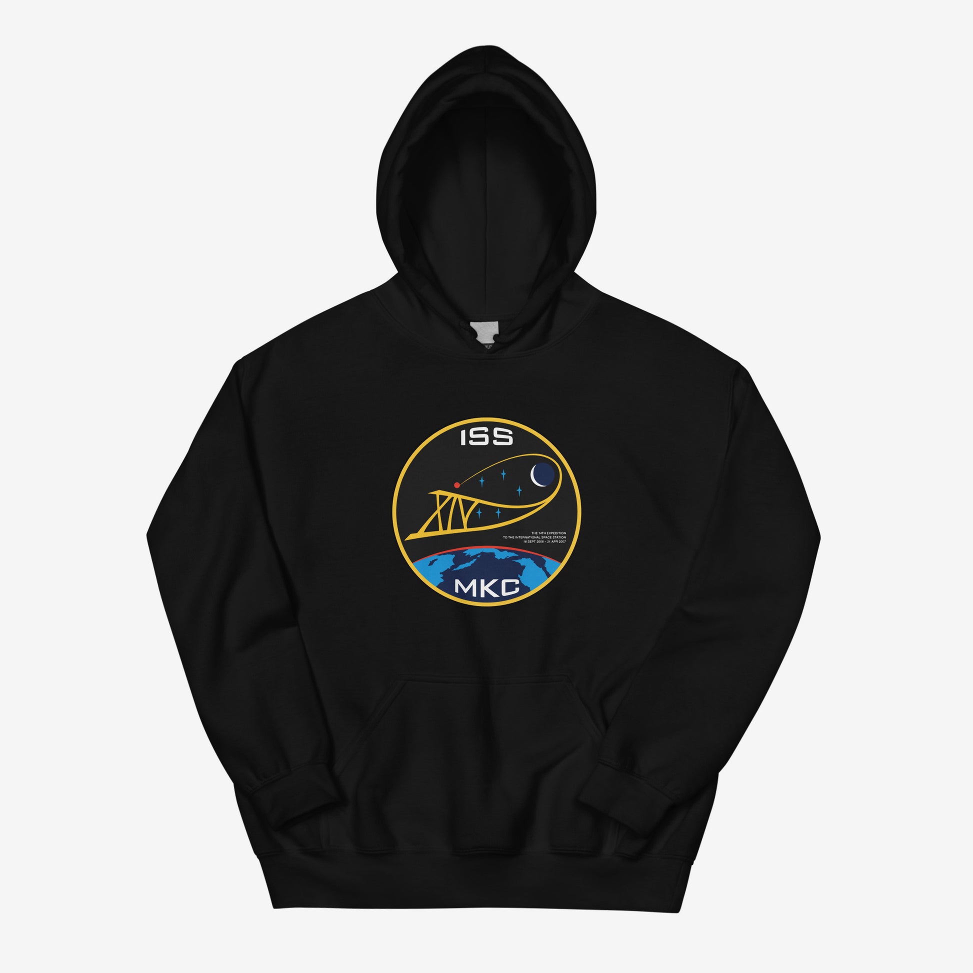 Unisex hoodie featuring ISS Expedition 14 (2006–2007) patch and МКС logo, inspired by Russian space missions