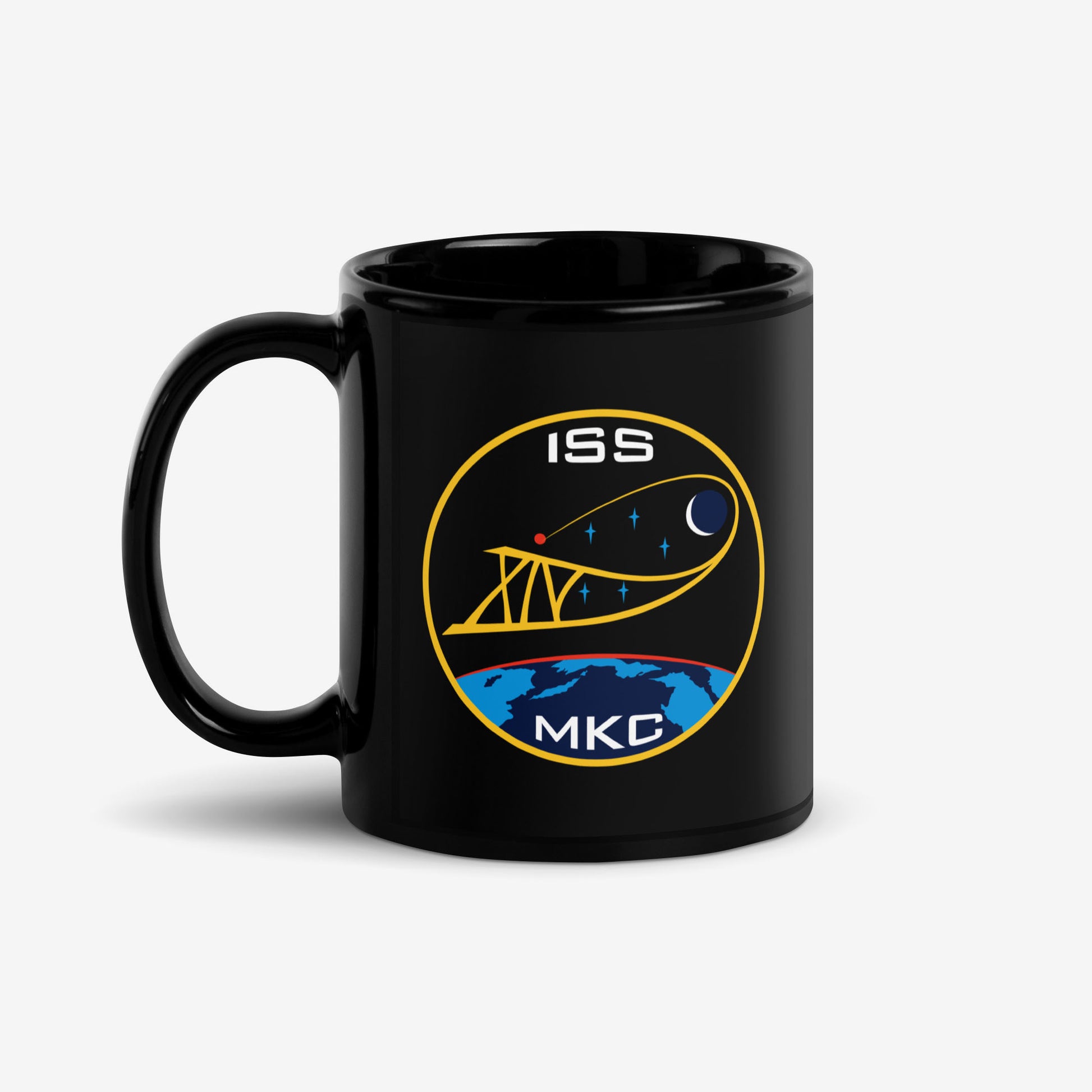 ISS Expedition 14 Mug with Soviet space logo (2006–2007), high-quality design on 11 oz ceramic black mug