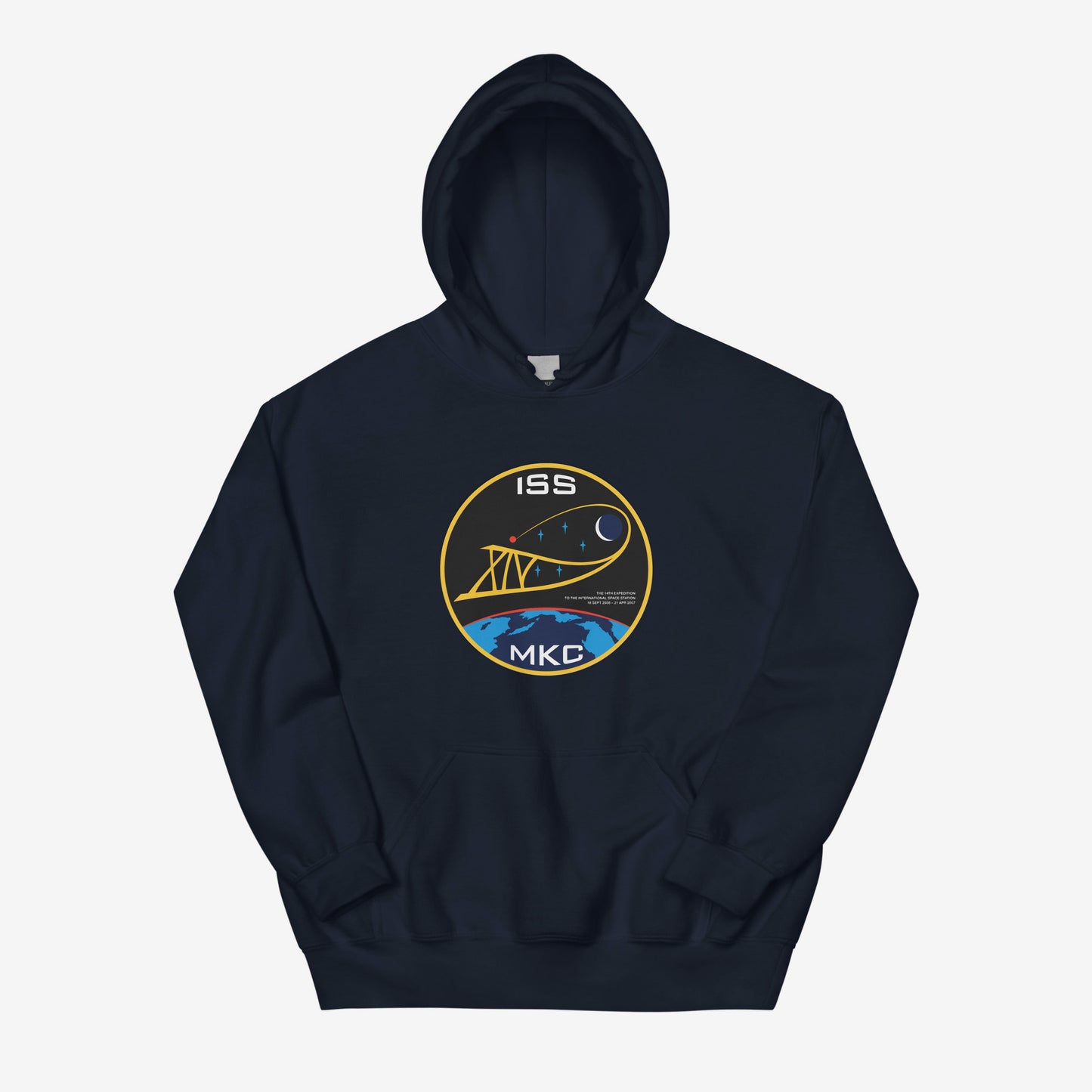 Unisex hoodie featuring ISS Expedition 14 (2006–2007) patch and МКС logo, inspired by Russian space missions