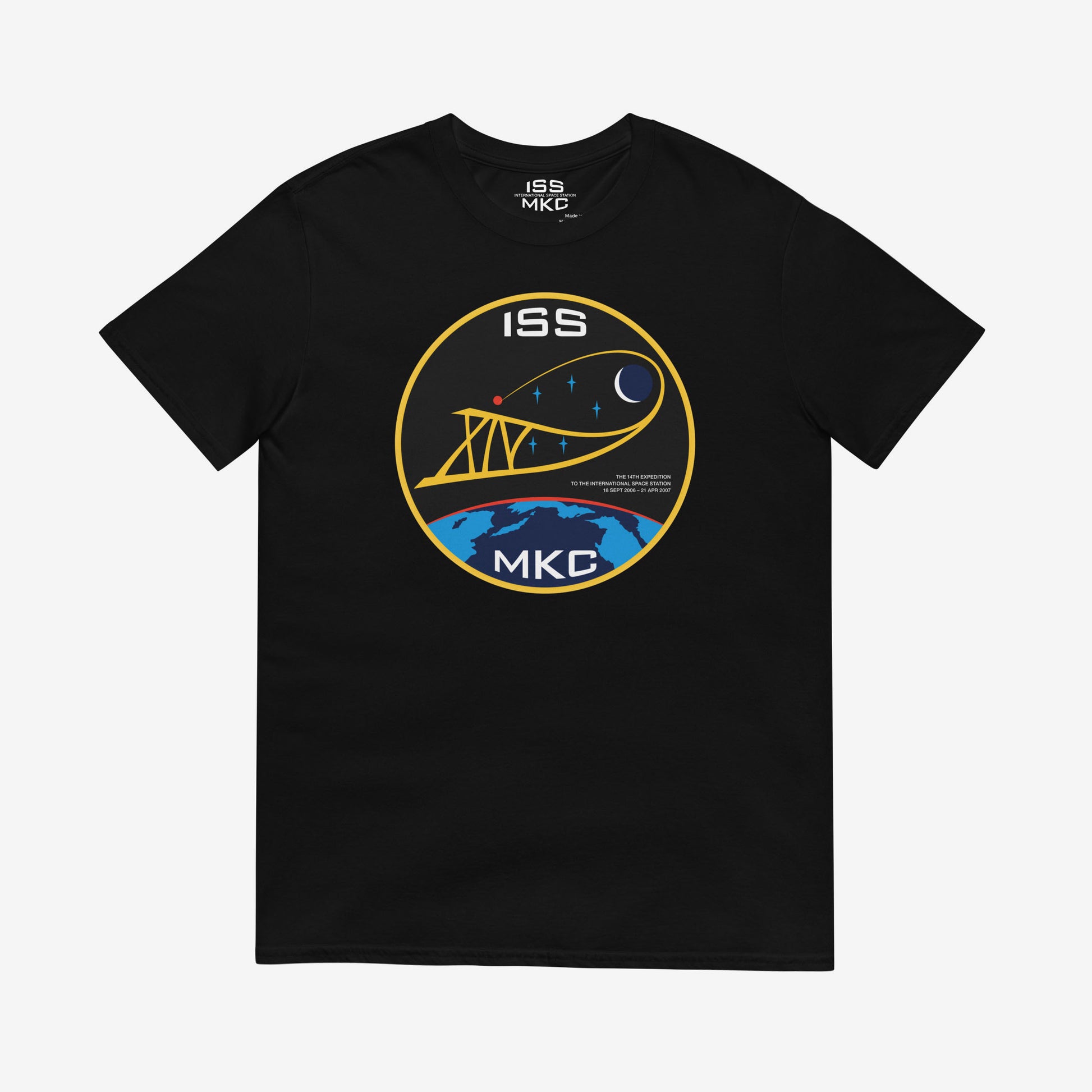 Unisex T-shirt with Russian ISS Expedition 14 patch from 2006–2007, printed on premium cotton