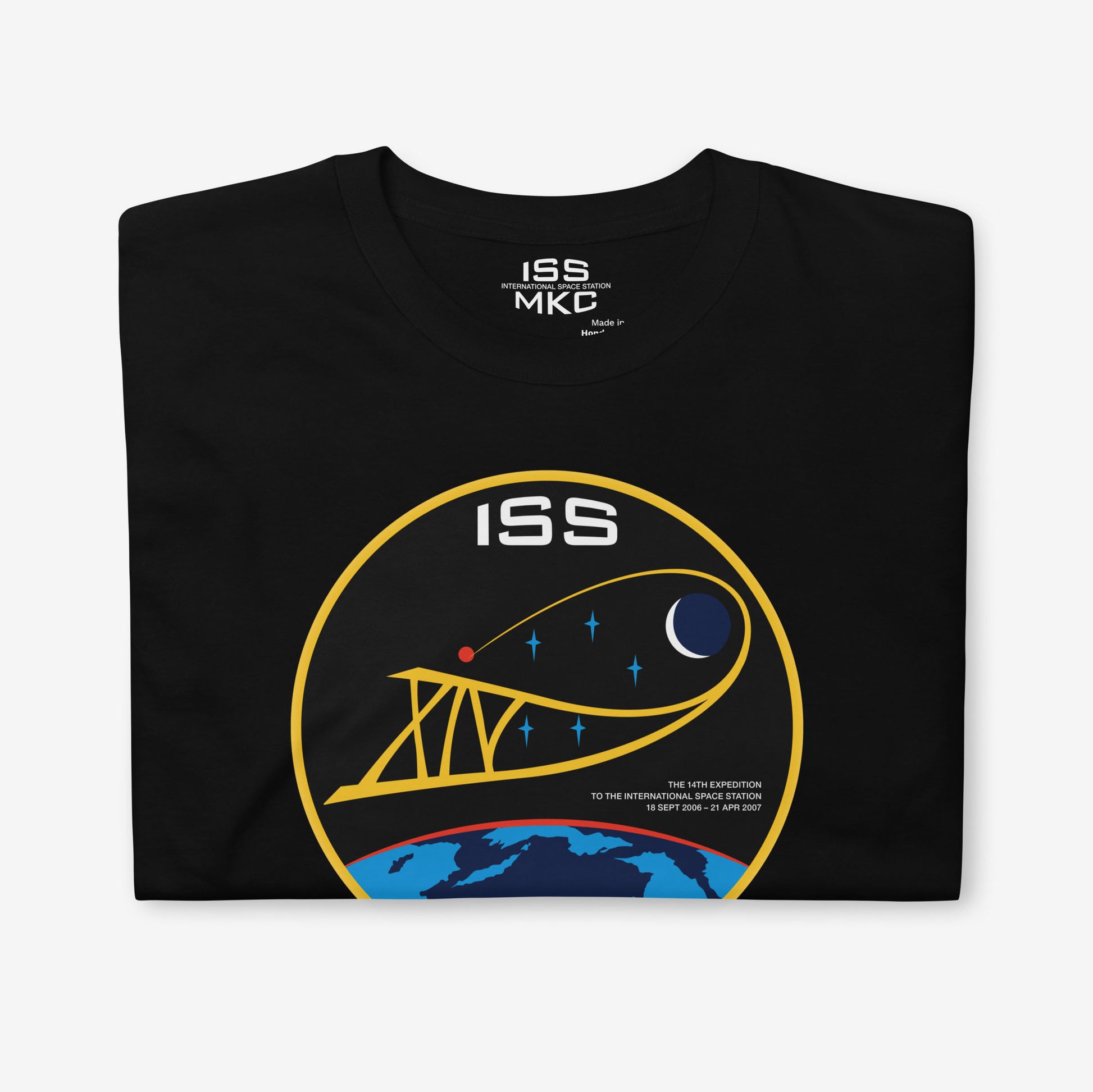 Unisex T-shirt with Russian ISS Expedition 14 patch from 2006–2007, printed on premium cotton