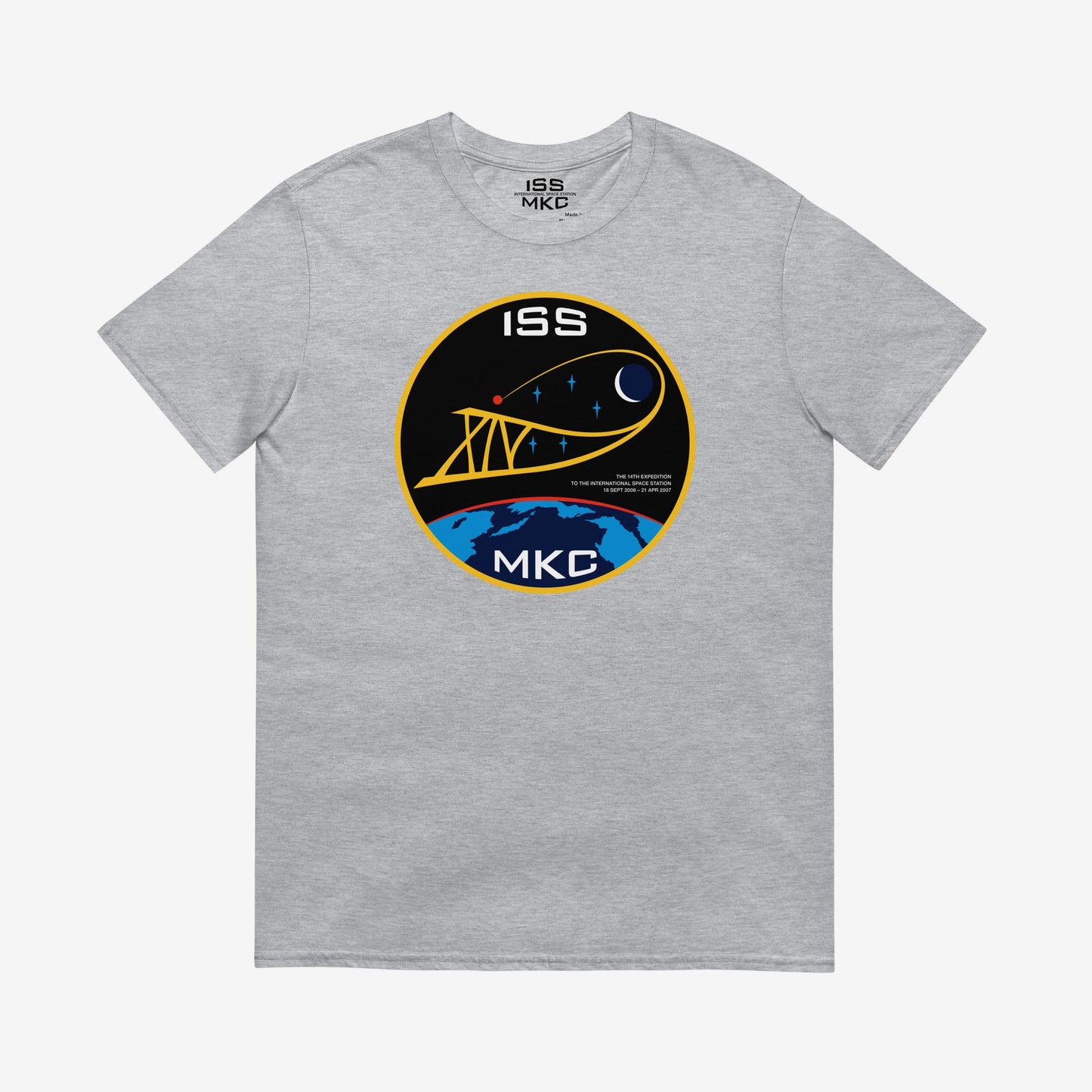 Unisex T-shirt with Russian ISS Expedition 14 patch from 2006–2007, printed on premium cotton