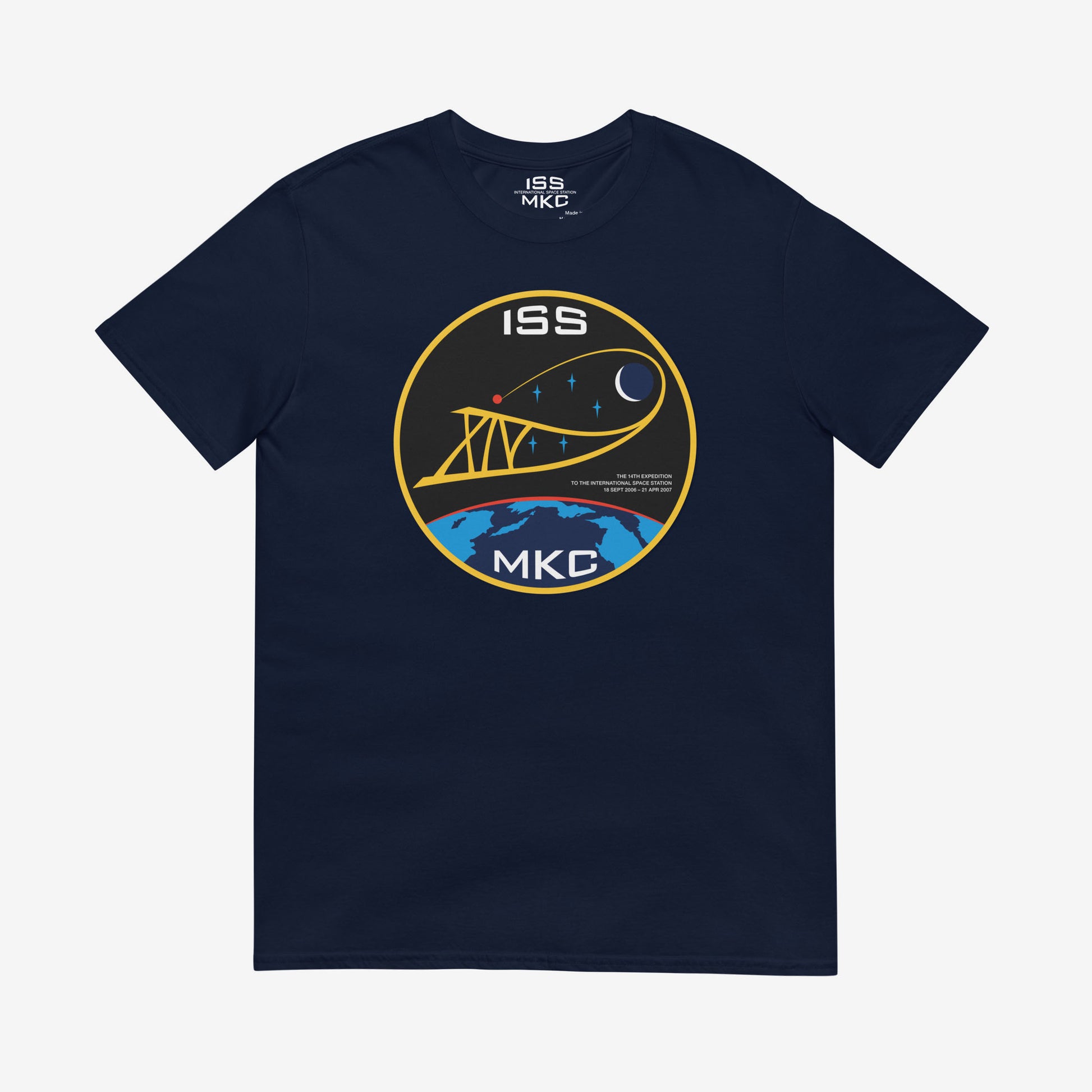 Unisex T-shirt with Russian ISS Expedition 14 patch from 2006–2007, printed on premium cotton