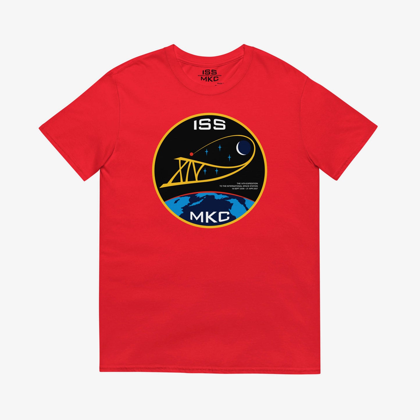 Unisex T-shirt with Russian ISS Expedition 14 patch from 2006–2007, printed on premium cotton