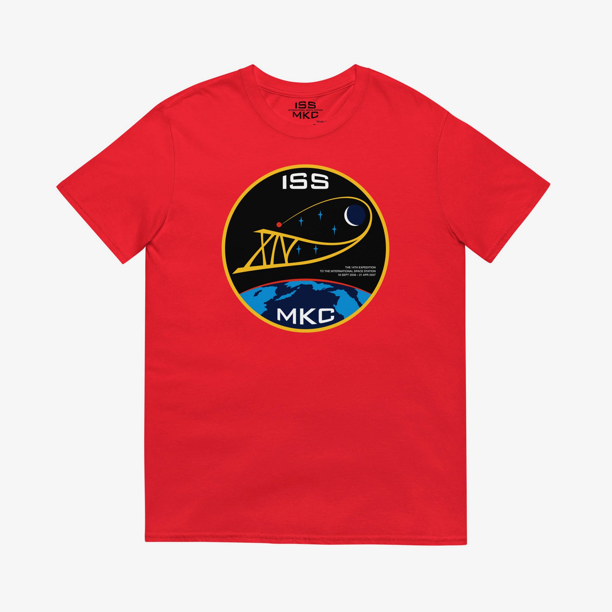 Unisex T-shirt with Russian ISS Expedition 14 patch from 2006–2007, printed on premium cotton
