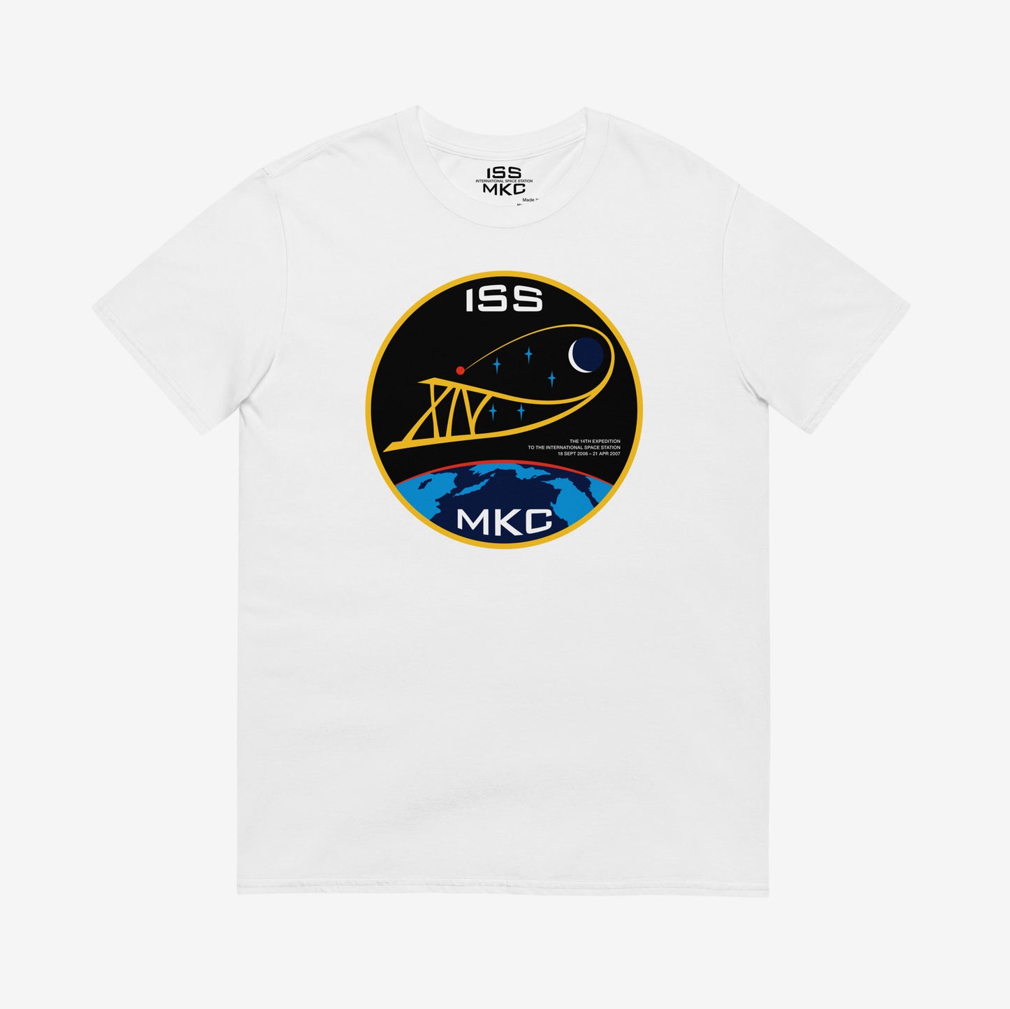 Unisex T-shirt with Russian ISS Expedition 14 patch from 2006–2007, printed on premium cotton