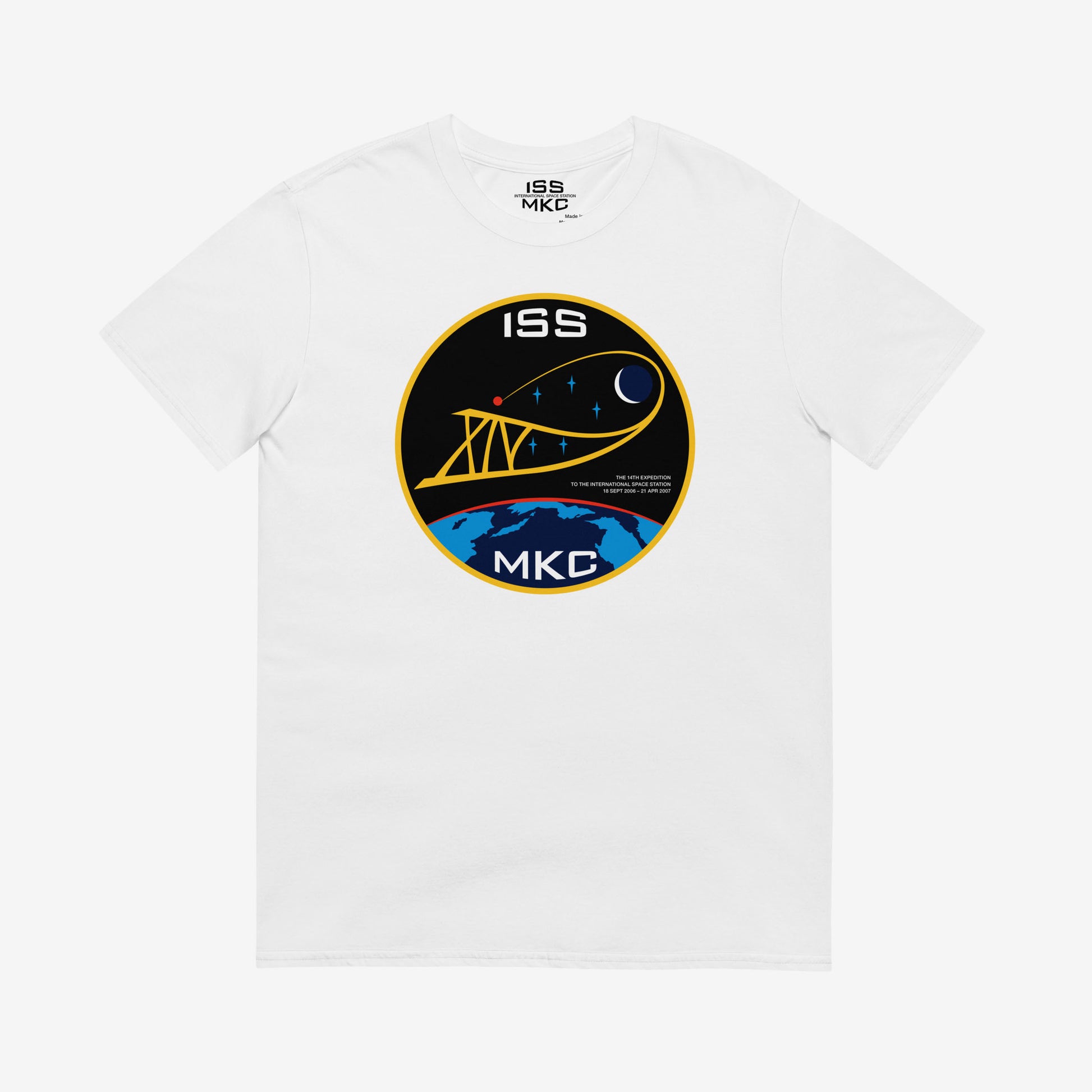 Unisex T-shirt with Russian ISS Expedition 14 patch from 2006–2007, printed on premium cotton