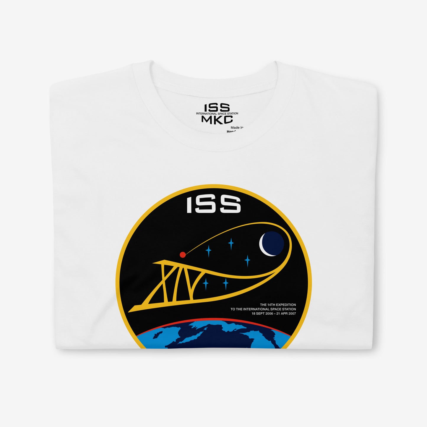 Unisex T-shirt with Russian ISS Expedition 14 patch from 2006–2007, printed on premium cotton
