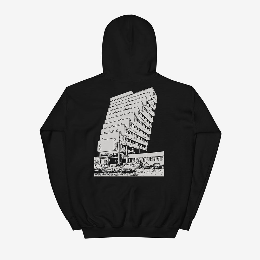 Molchat Doma Etazhi album cover hoodie with brutalist building, back view