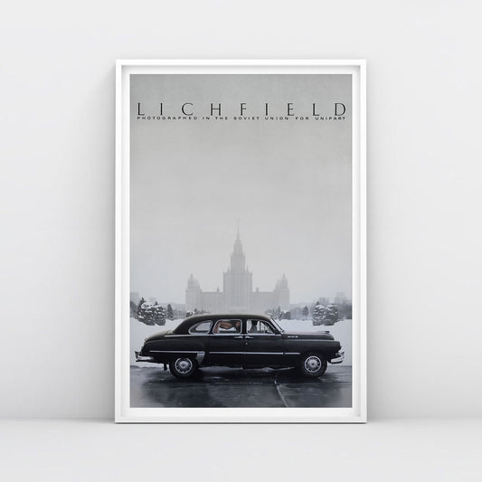 Late Soviet Moscow photo poster with Chaika car, nude woman inside, and Stalinist skyscraper in background – with cinematic tone.