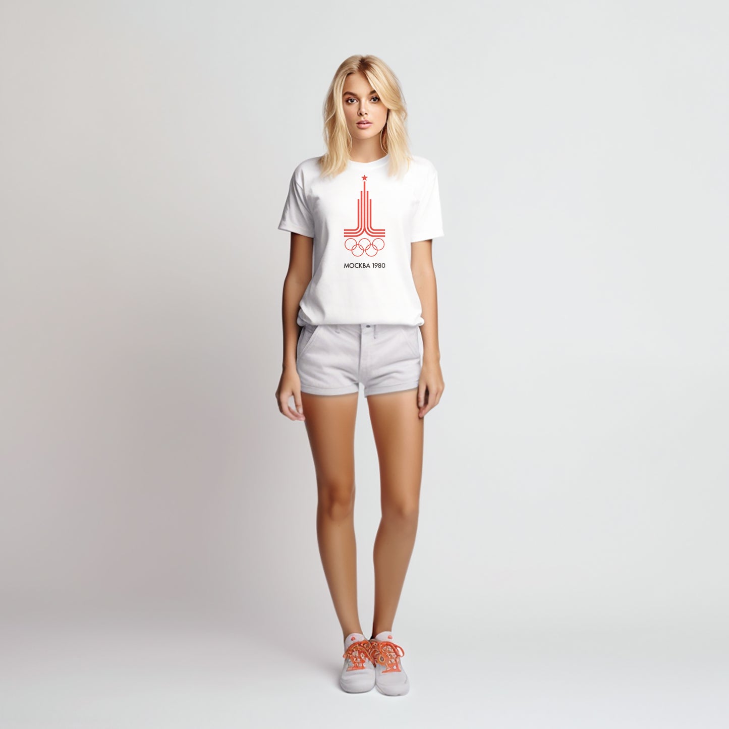 Cute girl in short shorts wearing stylish white t-shirt with a vintage olympic games logo
