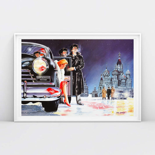 Moscow Red Square poster with Soviet-style illustration of Saint Basil’s Cathedral, Kremlin, russian men and Chaika car with a beautiful lady