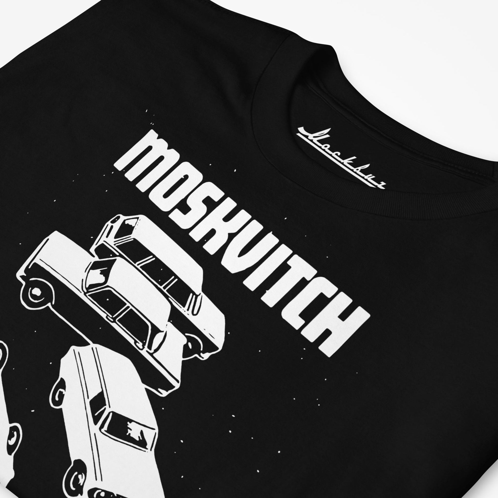 Retro Soviet Moskvitch car print black T-shirt - closeup photo