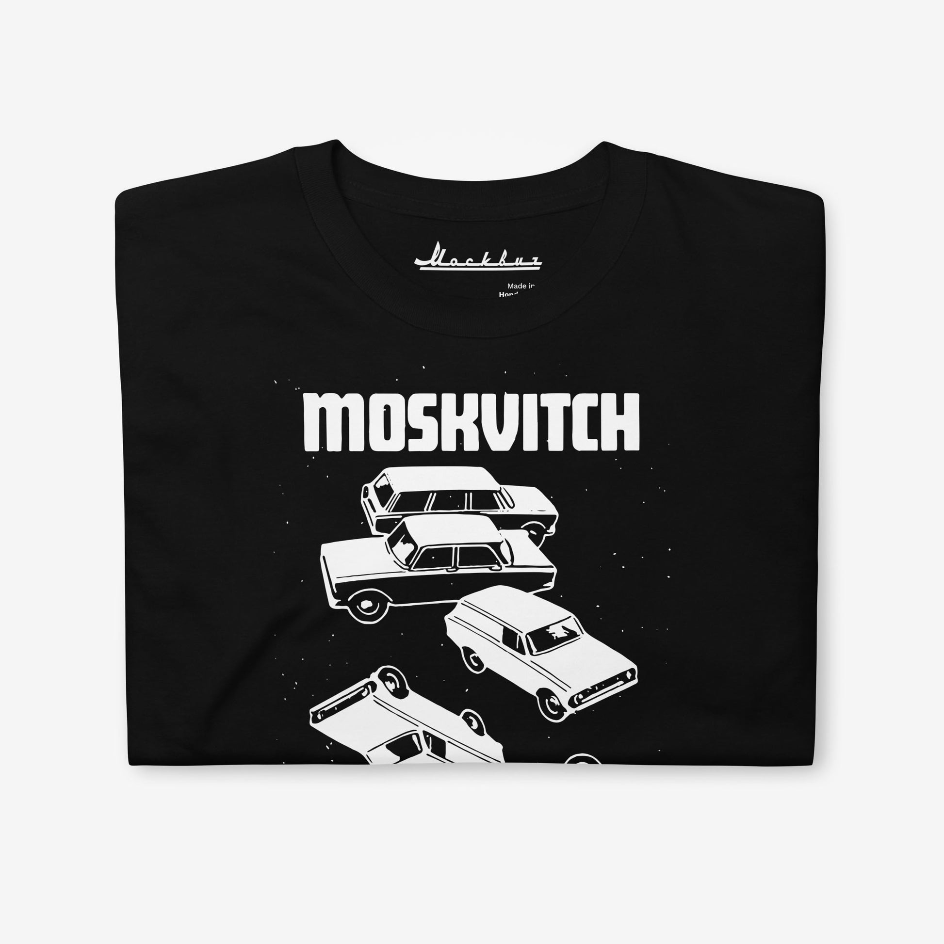 Retro Soviet Moskvitch car print black T-shirt - closeup photo