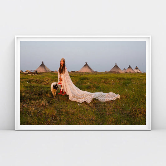 Rare photo of young Nenets bride with dog at sunset, traditional chum tents in background Siberian indigenous people poster. From www.sovisual.art