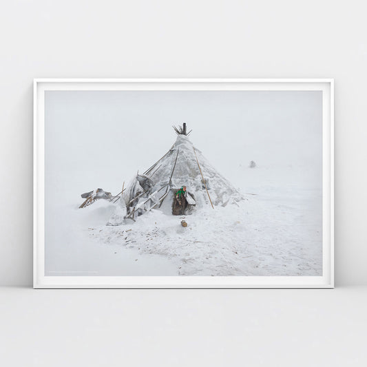 Photo of Nenets woman in traditional clothing near chum tent house in Arctic snow. Siberian indigenous poster rom www.sovisual.art